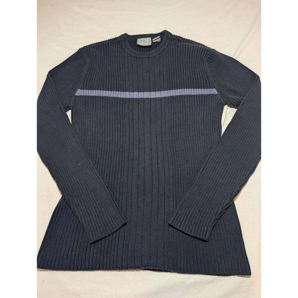 Aeropostale Mens Slim Fit Ribbed Crewneck Sweater Navy Blue Stripe M